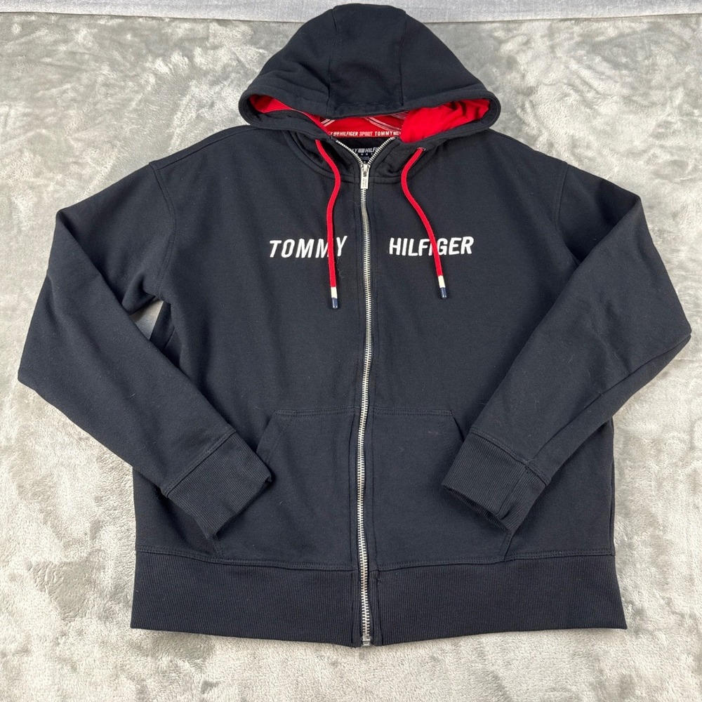 Tommy Hilfiger Hoodie Women S Sport Black Full Zip Logo EUC